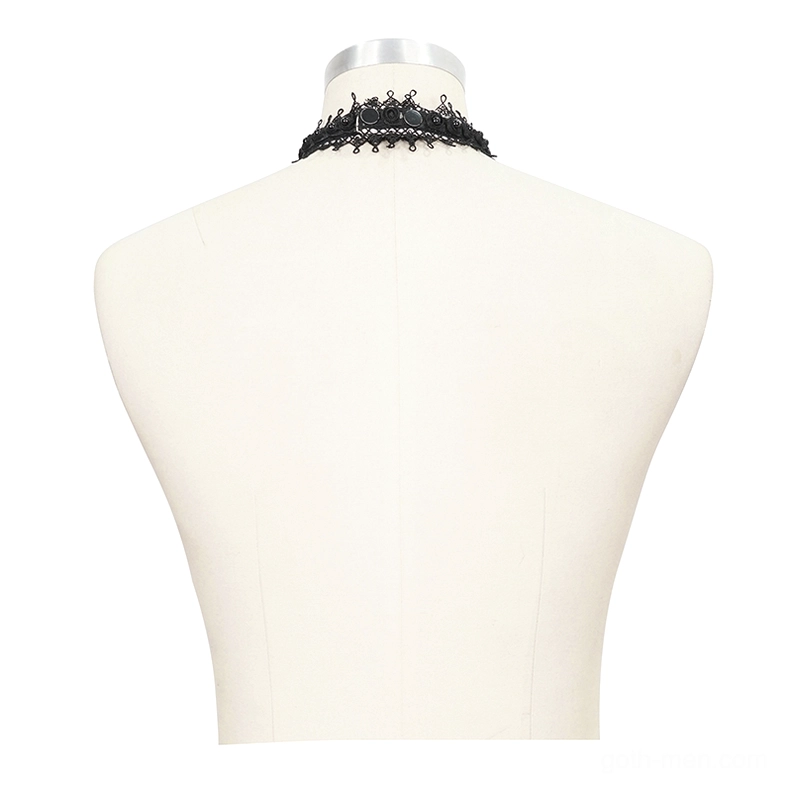 Back view of gothic ascot tie showing black lace choker style neckband and metal trim details on dress form mannequin