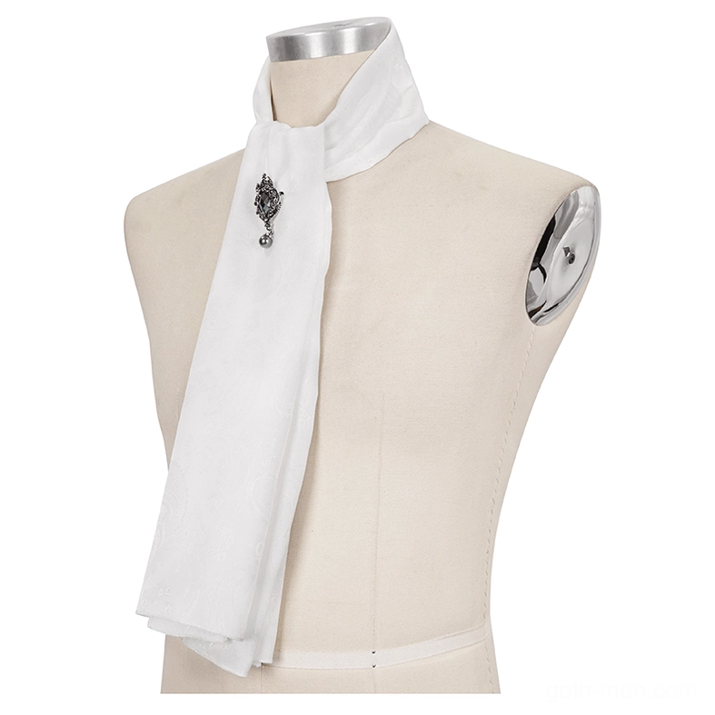 White ascot necktie with vintage crystal brooch side view on mannequin