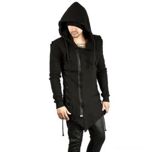 Black gothic hooded coat with asymmetric zipper and side lace-up trim worn by male model in three-quarter front view
