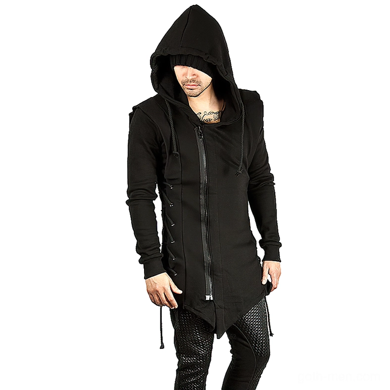 Black gothic hooded coat with asymmetric zipper and side lace-up trim worn by male model in three-quarter front view
