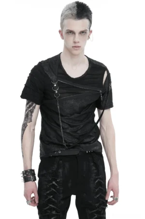 Men's gothic asymmetric cutout black t-shirt with chain harness front view worn by male model