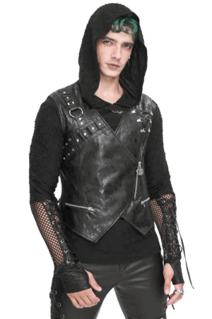 Gothic asymmetric faux leather vest with metal eyelets front three-quarter view on male model