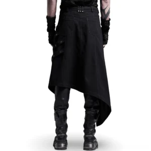 Rear view of black gothic punk overskirt displaying back pockets and asymmetrical hemline on model