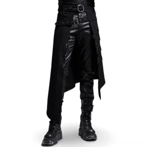 Black asymmetric gothic overskirt with Ouroboros snake buckle front view on male model, showcasing layered straps and asymmetrical hem