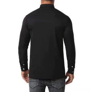 Black gothic embroidered long-sleeve shirt back view with minimalist design
