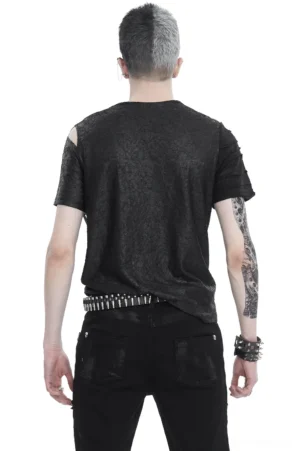 Men's gothic t-shirt back view showing cold shoulder cutout and asymmetrical hem design