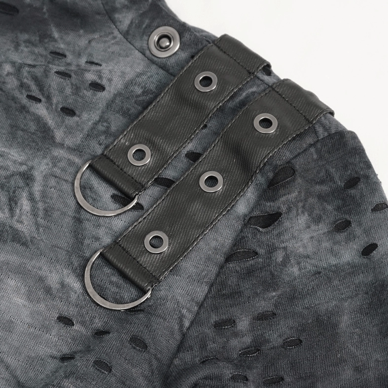 Gothic asymmetrical top shoulder hardware close-up, leather-like buckle straps, metal D-rings, eyelet fasteners