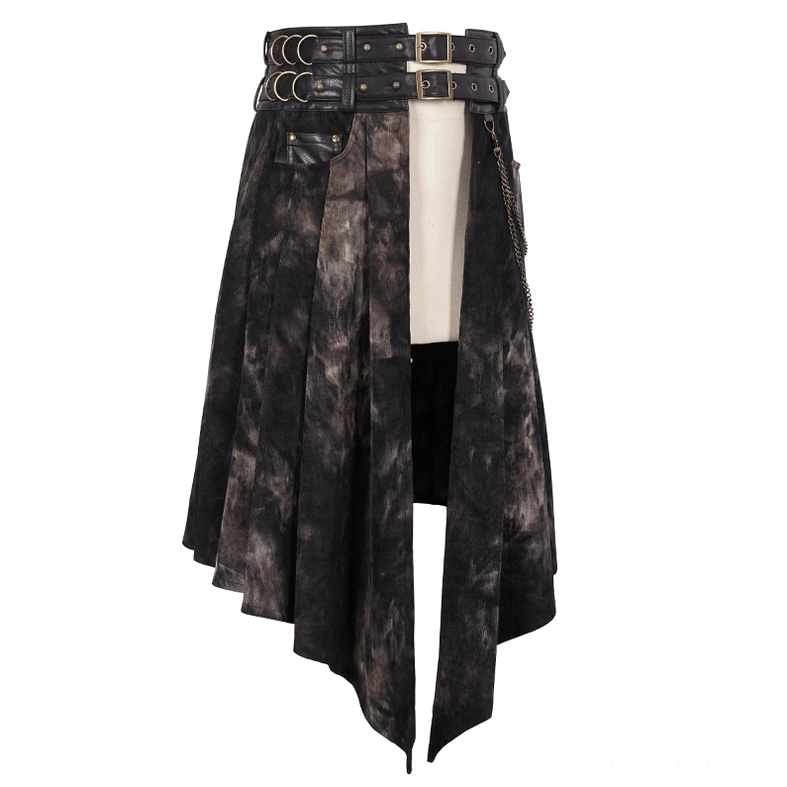Gothic men's asymmetrical half skirt with multi-ring waist belt, leather pocket, and tie-dye fabric texture