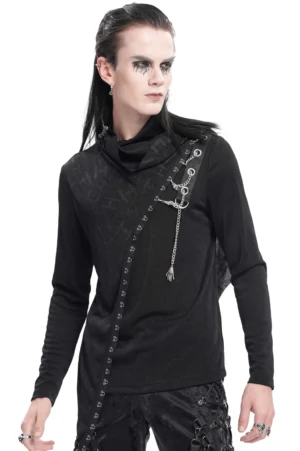 Black asymmetrical gothic long-sleeve sweatshirt with chain tassel accents worn by male model in studio, front view showing high turtleneck and chain hardware details