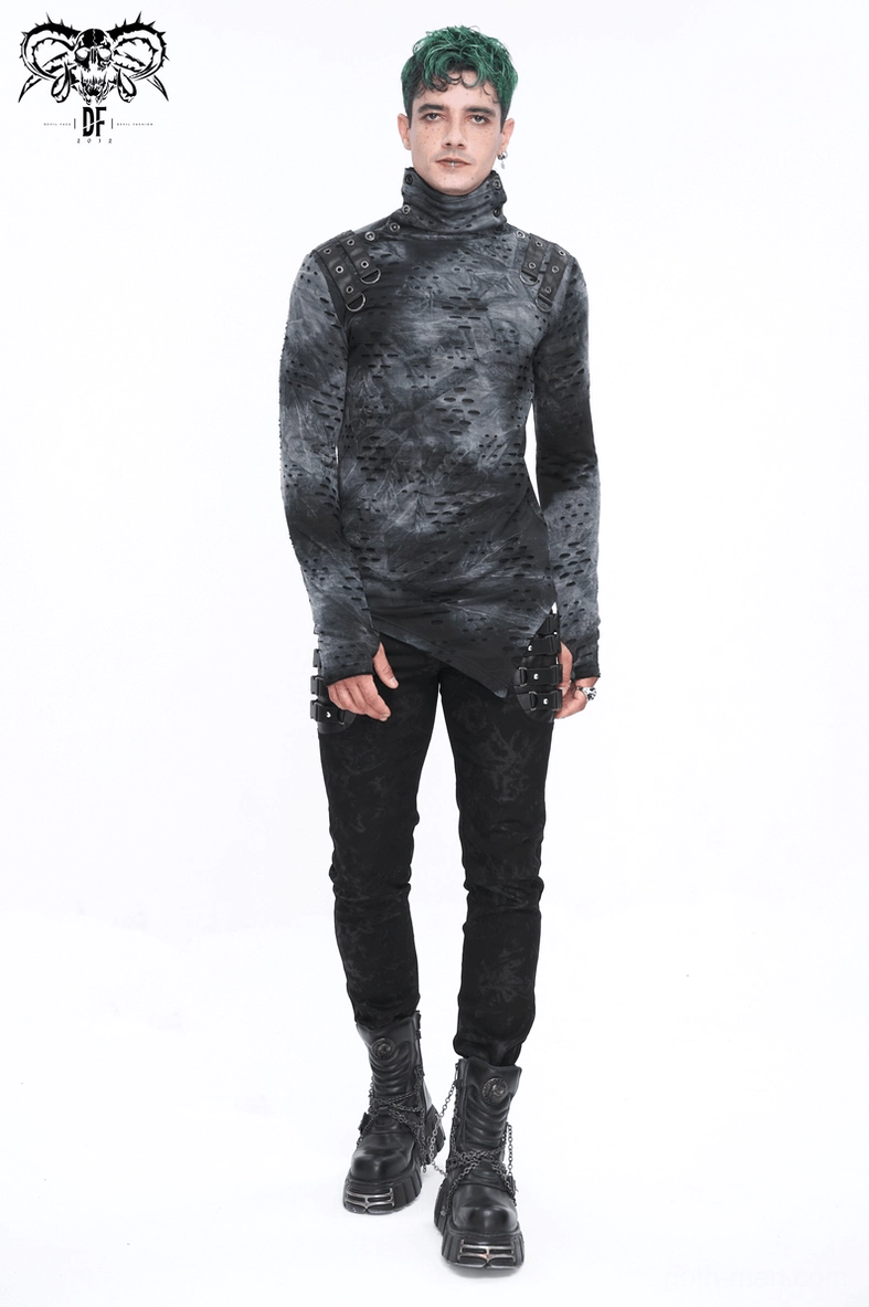 Gothic asymmetrical sweatshirt detail shot, high turtleneck collar style, dark gray perforated distressed look