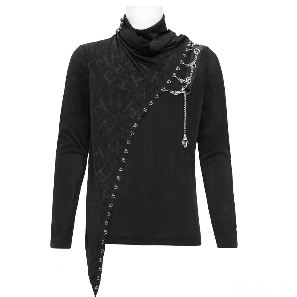 Black gothic asymmetrical long-sleeve top displayed on mannequin showing tonal embossed pattern, asymmetrical hemline, and chain tassel decorations