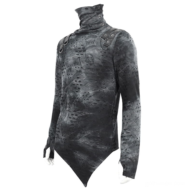Gothic asymmetrical turtleneck on mannequin, three-quarter front view, high neck, thumbhole cuff, curved hem