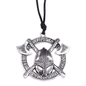 Silver gothic axe warrior pendant necklace with Norse runes, overhead flat lay view