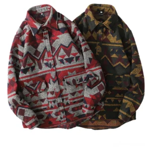 Men's gothic aztec geometric print shirt in burgundy and olive - dual front pockets flat lay display