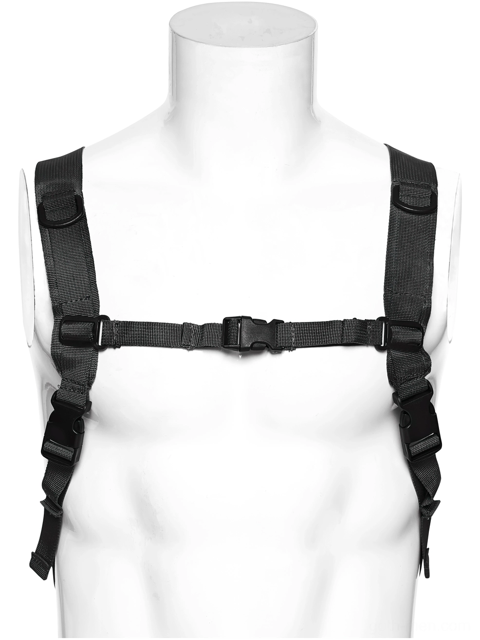 Gothic backpack chest strap harness system showing black webbing, plastic adjustment buckles, and horizontal fixing strap