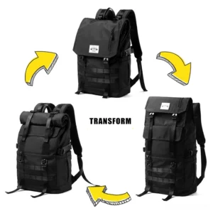 Convertible roll-top backpack transformation demonstration showing 4-way closure system functionality