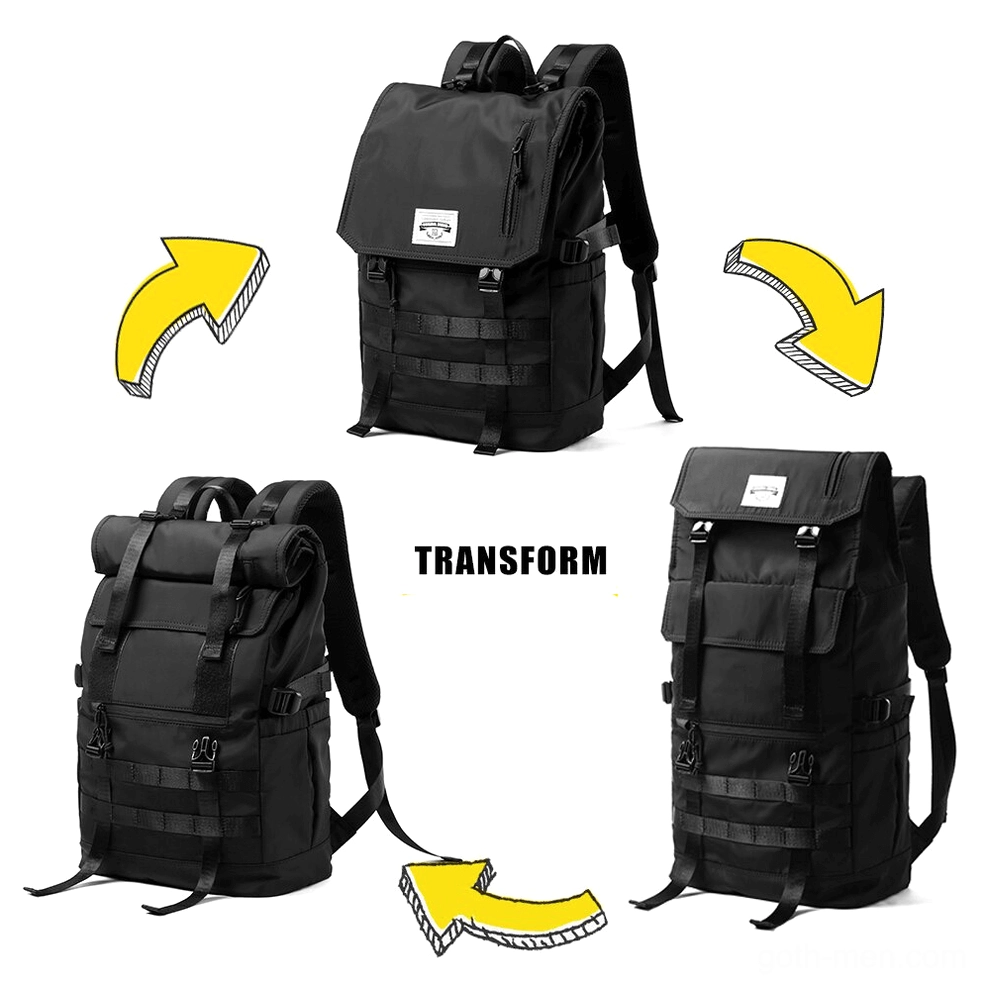 Convertible roll-top backpack transformation demonstration showing 4-way closure system functionality
