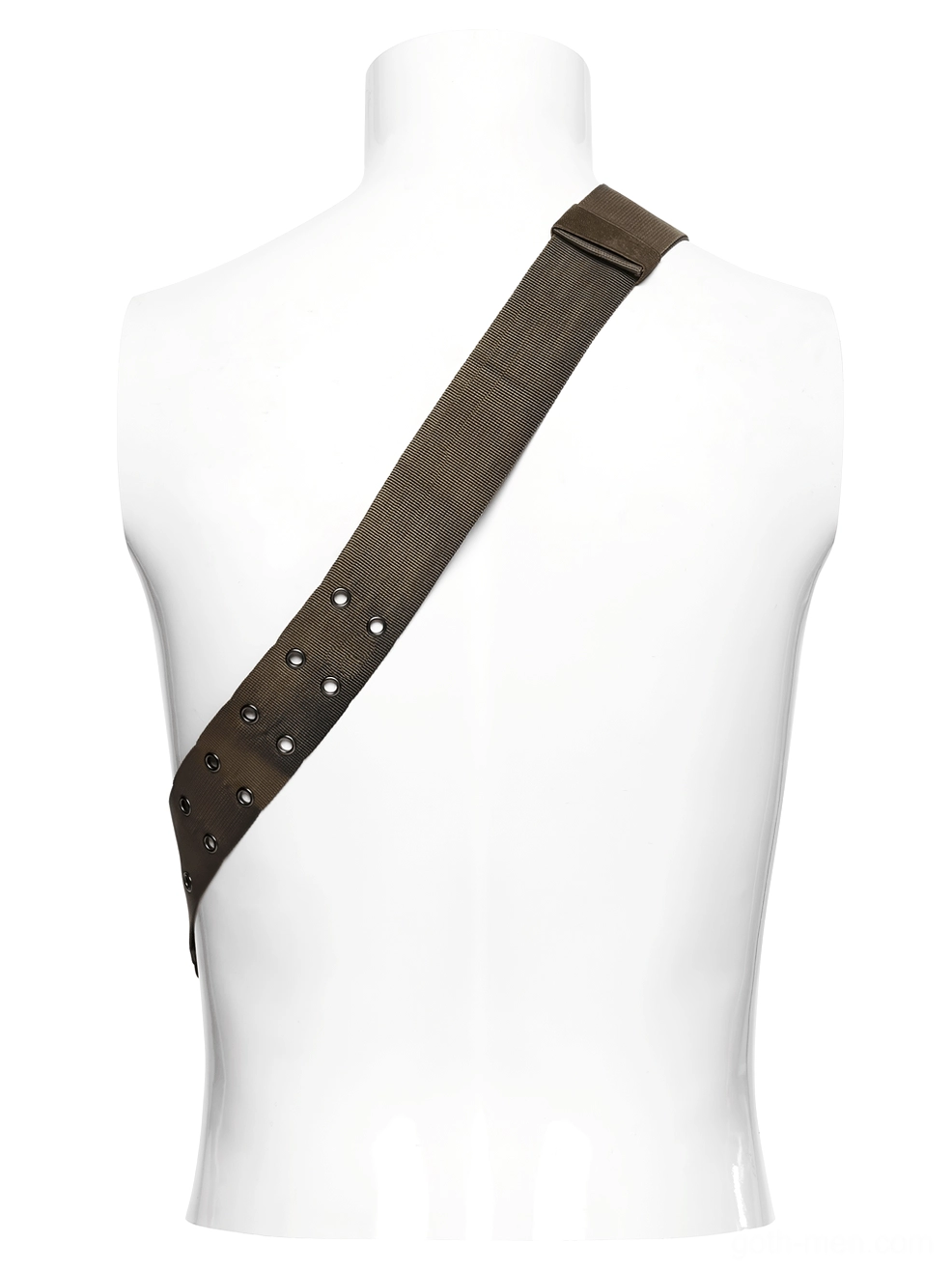 Close-up back view of detachable adjustable webbing shoulder strap with circular stud embellishments