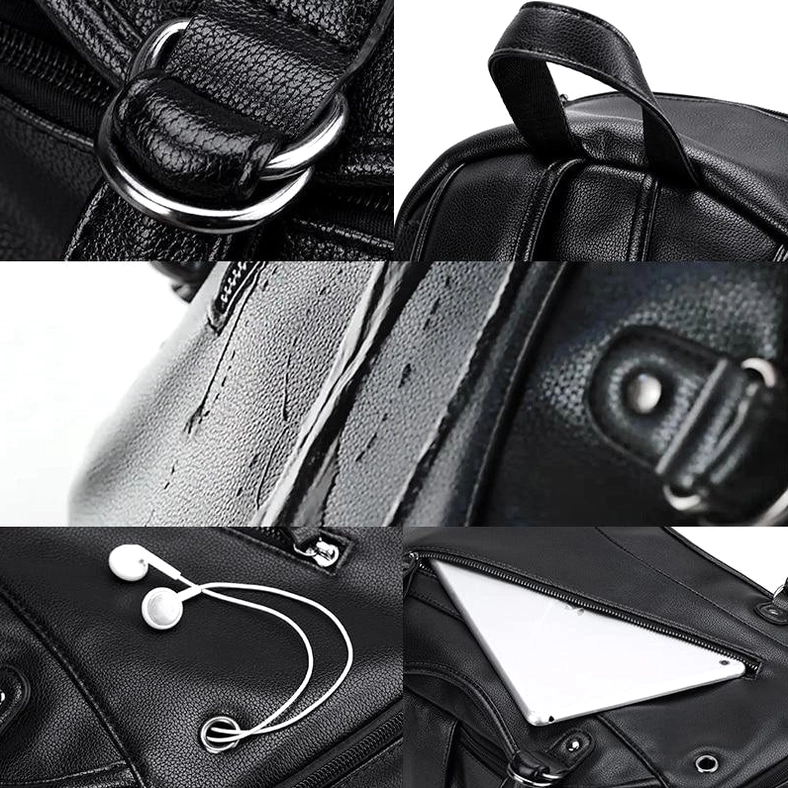 Gothic backpack multiple detail shots including metal D-rings, earphone port, zippered pockets, and interior laptop compartment