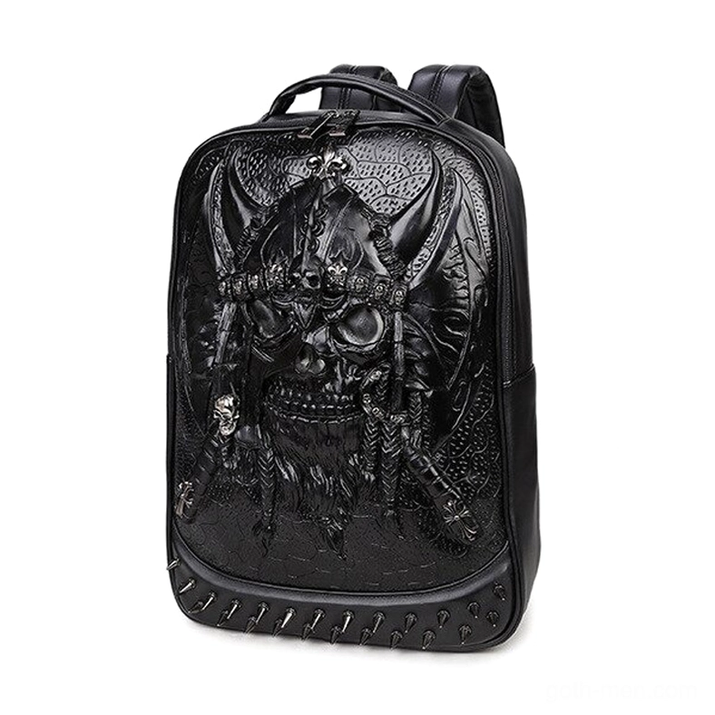 Gothic leather backpack close-up of black embossed skull and studded trim detail