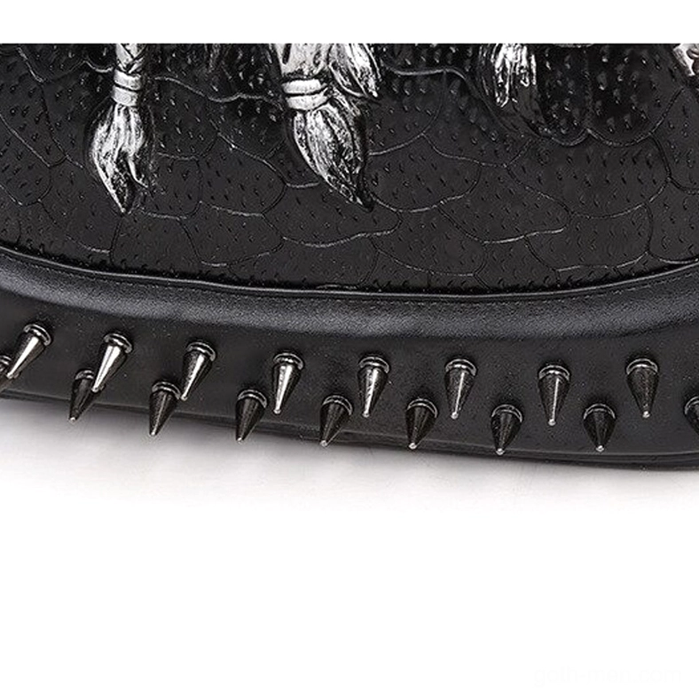 Gothic leather backpack external pocket and reinforced construction detail