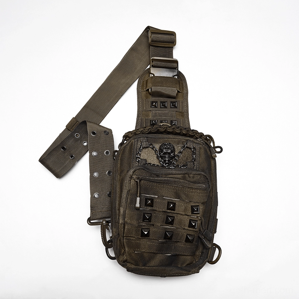 Flat lay front view of gothic crossbody backpack showing skull chain decoration, pyramid studs, and D-ring hanging points