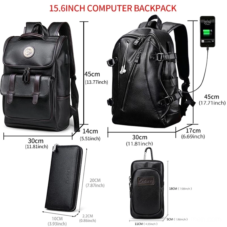 15.6 inch laptop compartment gothic black leather backpack multi-angle view with external USB port and protective padding