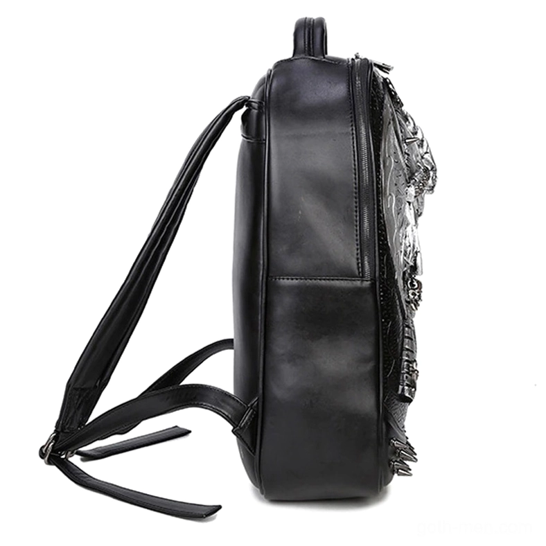 Embossed leather texture and studded hardware of gothic backpack design