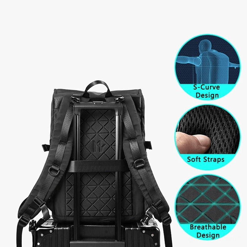 Backpack luggage pass-through sleeve with S-curve shoulder straps and breathable padded back panel