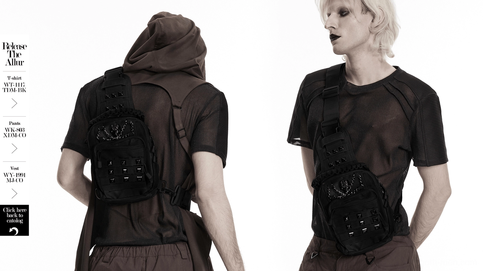 Black gothic sling backpack paracord handle and interior organization system display