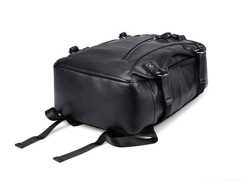 Black gothic leather backpack bottom and rear view showing adjustable straps and zippered compartments