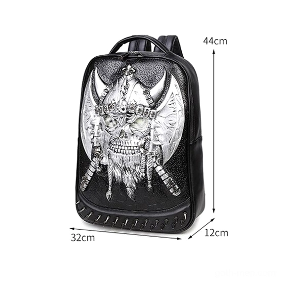 Gothic leather backpack side view showing 32x12x44cm dimensions and leather texture