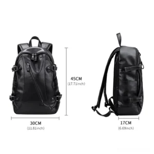 Black gothic backpack with size dimensions specifications and adjustable padded shoulder straps, front and side product showcase