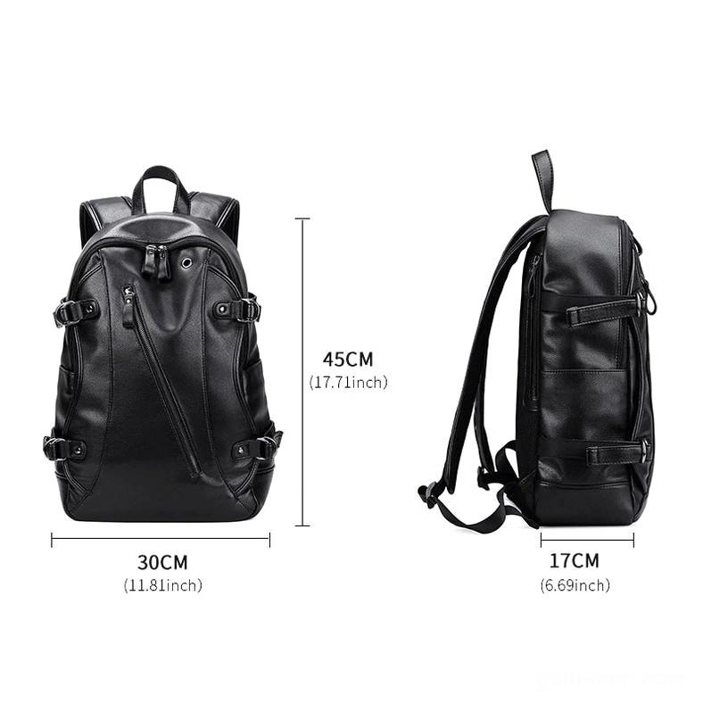 Black gothic backpack with size dimensions specifications and adjustable padded shoulder straps, front and side product showcase