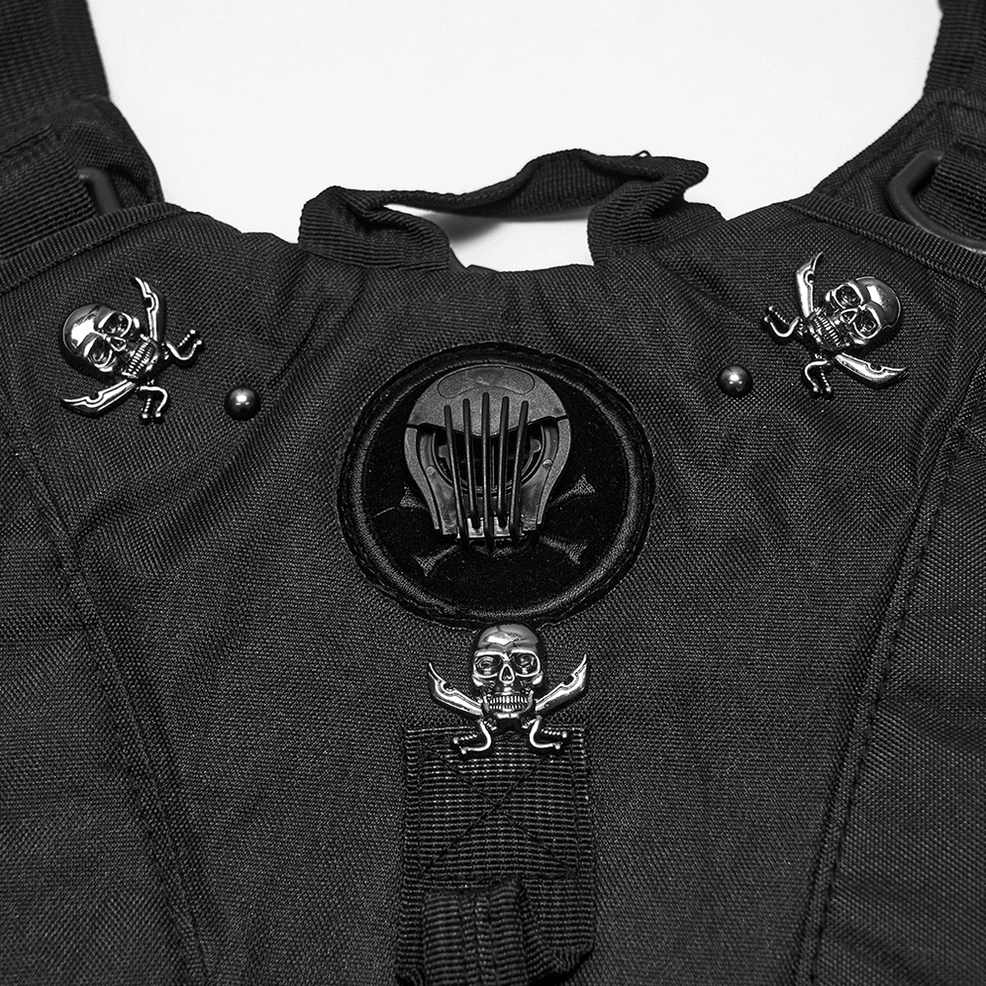 Gothic backpack skull wing badge emblem showing embroidered patch, metal studs, and intricate dark design work