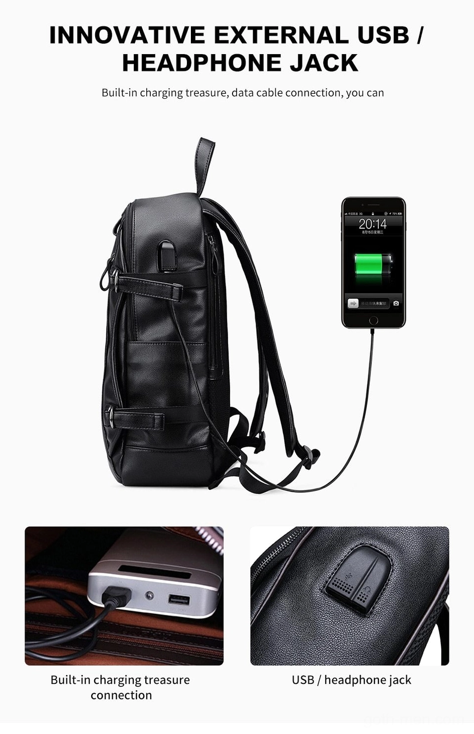 Black gothic backpack USB charging port and headphone jack close-up demonstration, functional features showcase