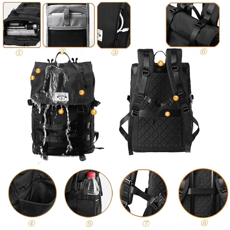 Waterproof motorcycle backpack multi-compartment detail showcase with water bottle pocket and storage sections