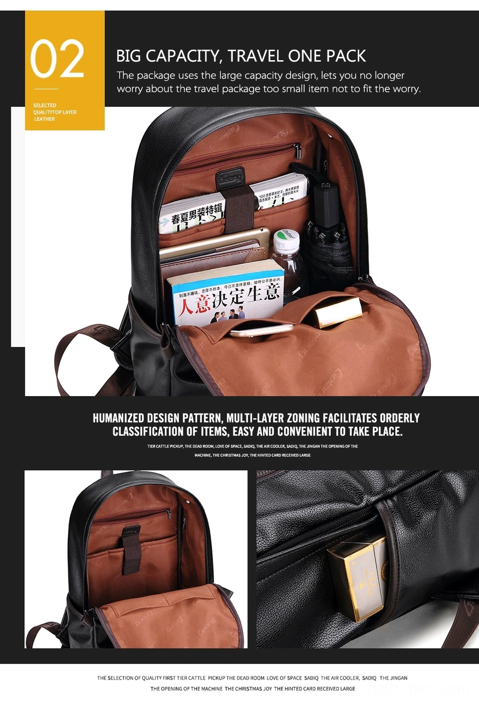Black PU leather gothic backpack weather-resistant construction with rain cover and reinforced zipper closure