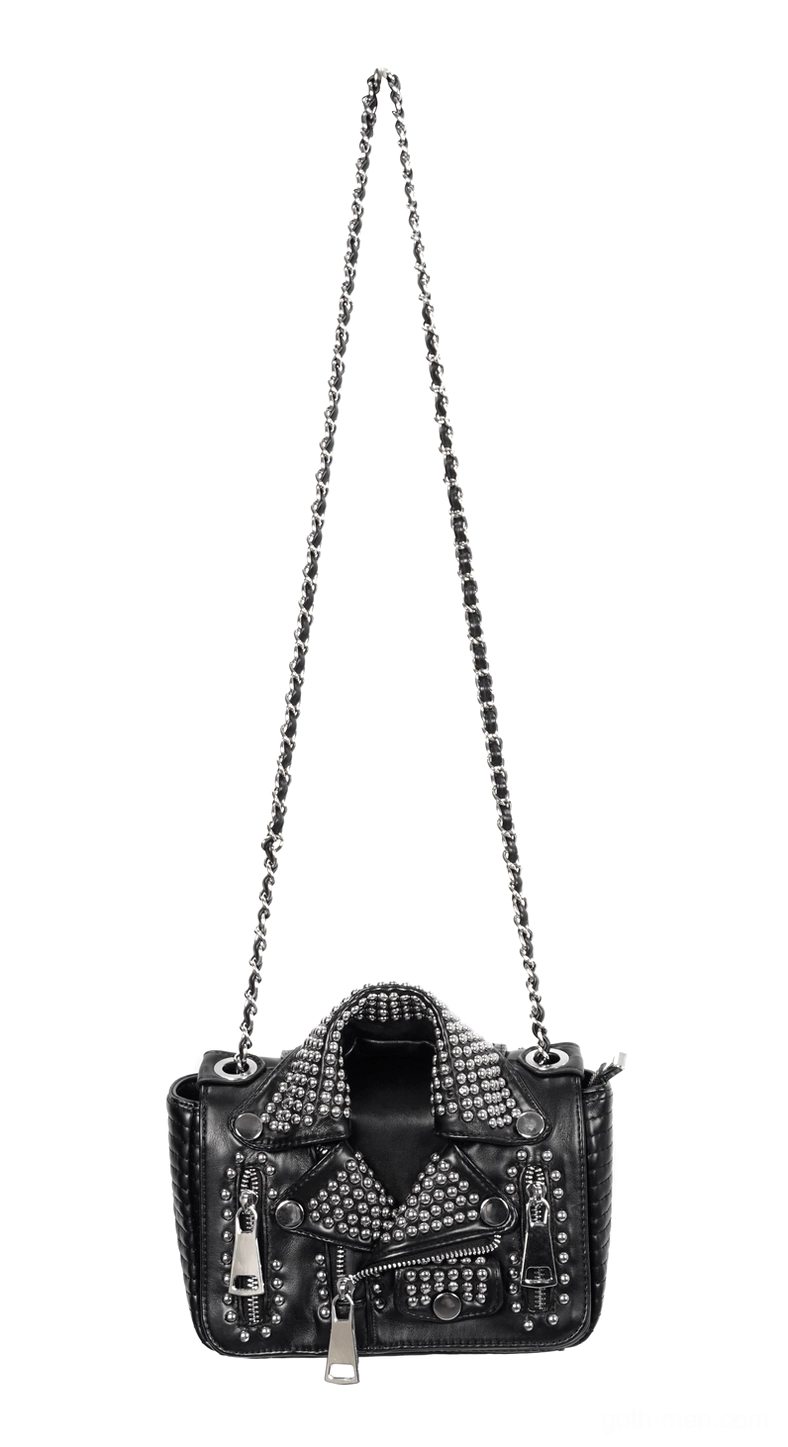 Black biker bag with woven metal chain shoulder strap hanging display front view