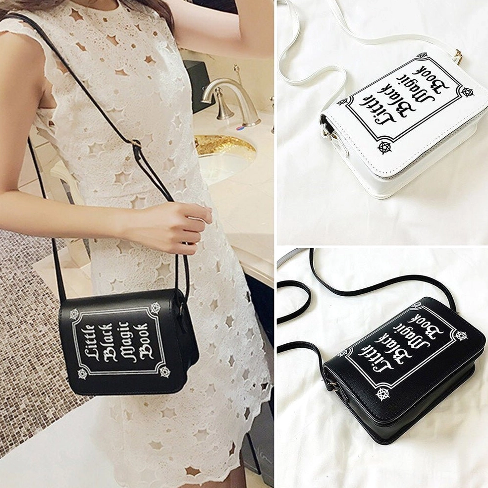 Gothic letter crossbody bag detail view of pentagram motifs and corner decorative elements