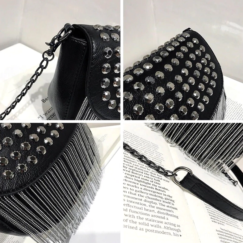 Macro close-up macro views of gothic shoulder bag details including metal rivet studs, chain tassel, and hardware