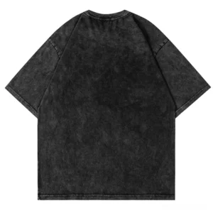Black gothic cotton tee back view flat lay, crew neck detail