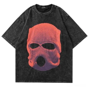 Gothic balaclava graphic tee front flat lay, black washed cotton with red masked figure print