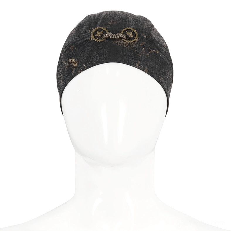 Gothic marbled bandana with front-facing bronze gear ornament displayed on white mannequin head, studio flat lay