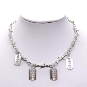 Silver gothic barbed wire choker with razor blade pendants displayed on neck mannequin - front view showing link chain construction and sharp pendant design