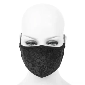 Gothic black baroque face mask worn on mannequin head, frontal close-up view showing baroque embossed texture and fit