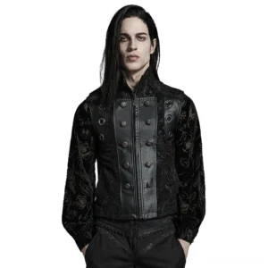 Gothic baroque waistcoat front view with faux leather panels and stand collar worn with sheer printed shirt