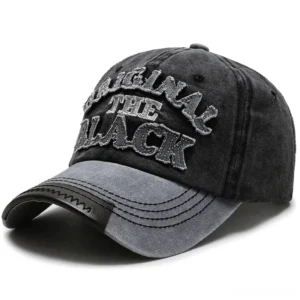 Black washed gothic snapback cap with grey contrast brim and leather-like brim accent, 3D embroidered letter embellishment