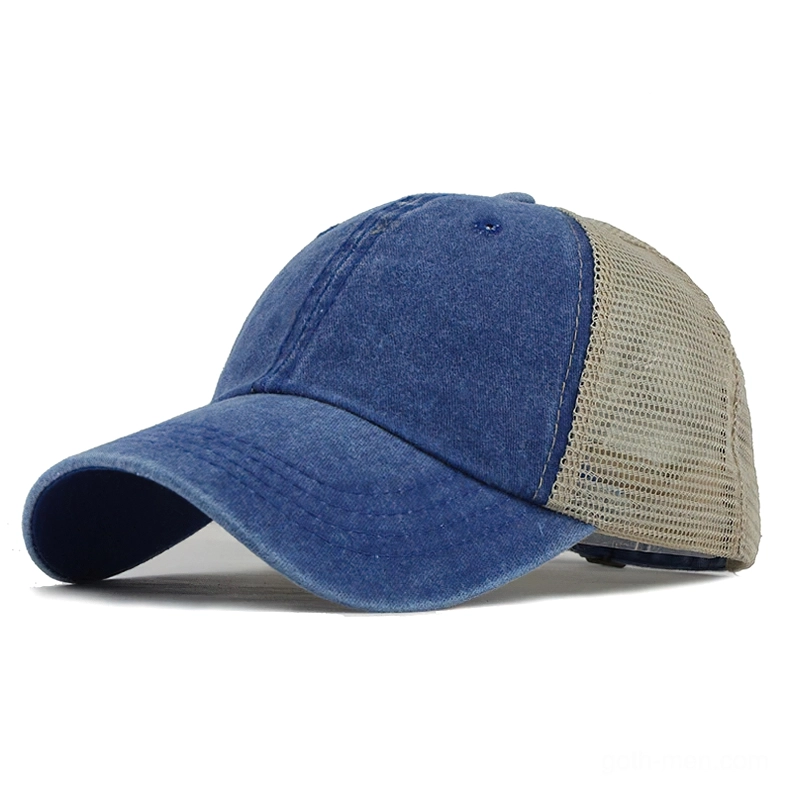 Royal blue bright washed cotton gothic baseball cap with mesh ventilation panels