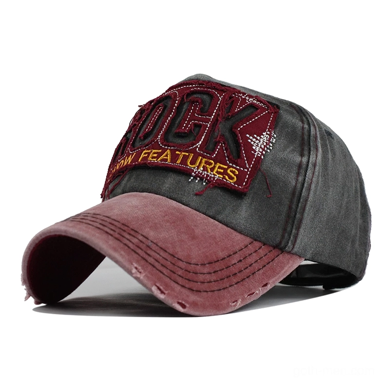 Red and gray two-tone distressed denim gothic cap front three-quarter with maroon brim and frayed edge detail
